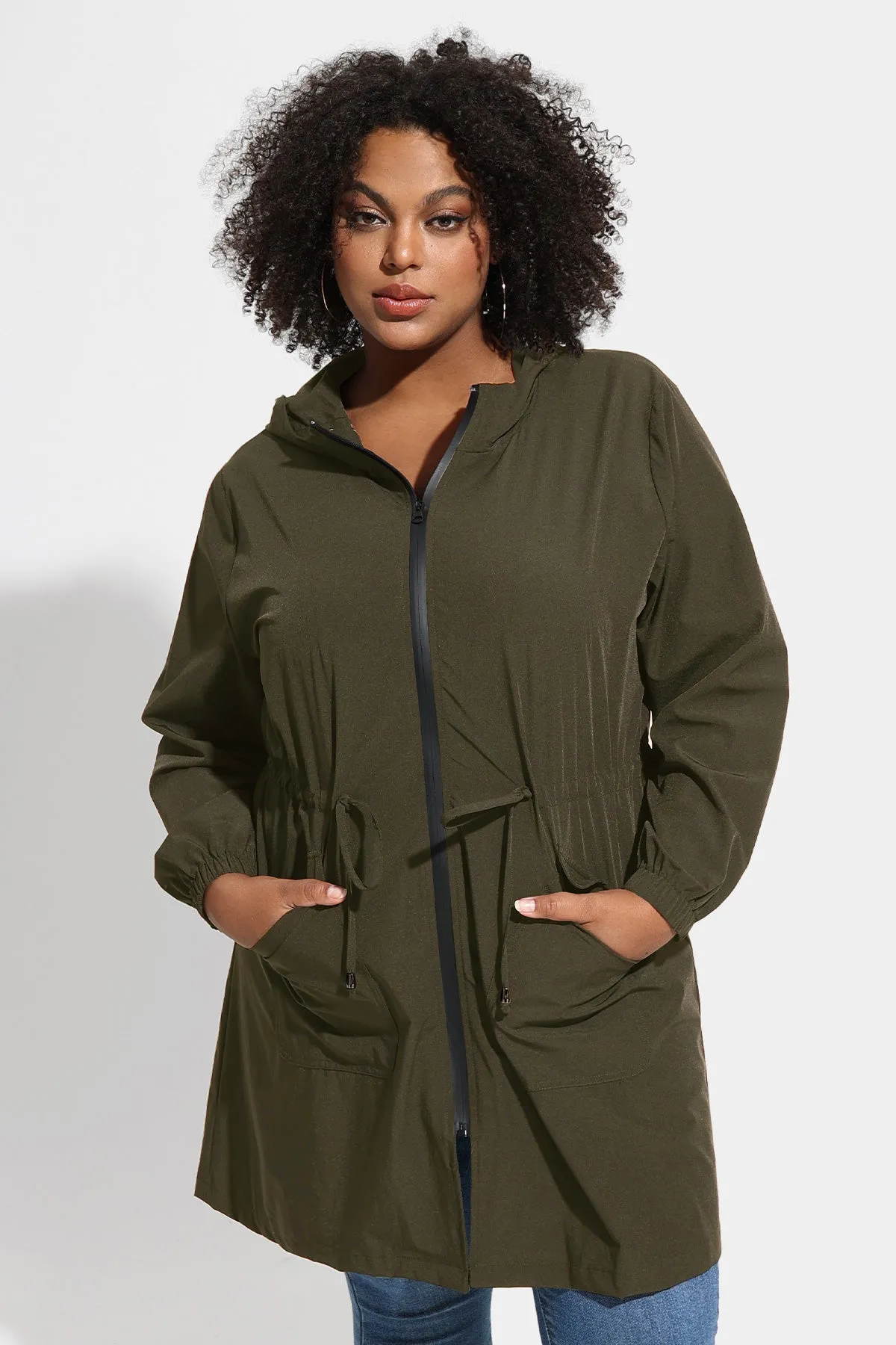 Drawstring Elastic Waist Hooded Coat with Pockets