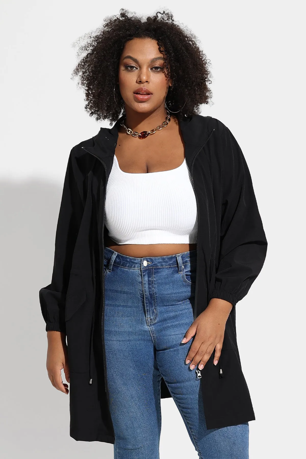 Drawstring Elastic Waist Hooded Coat with Pockets