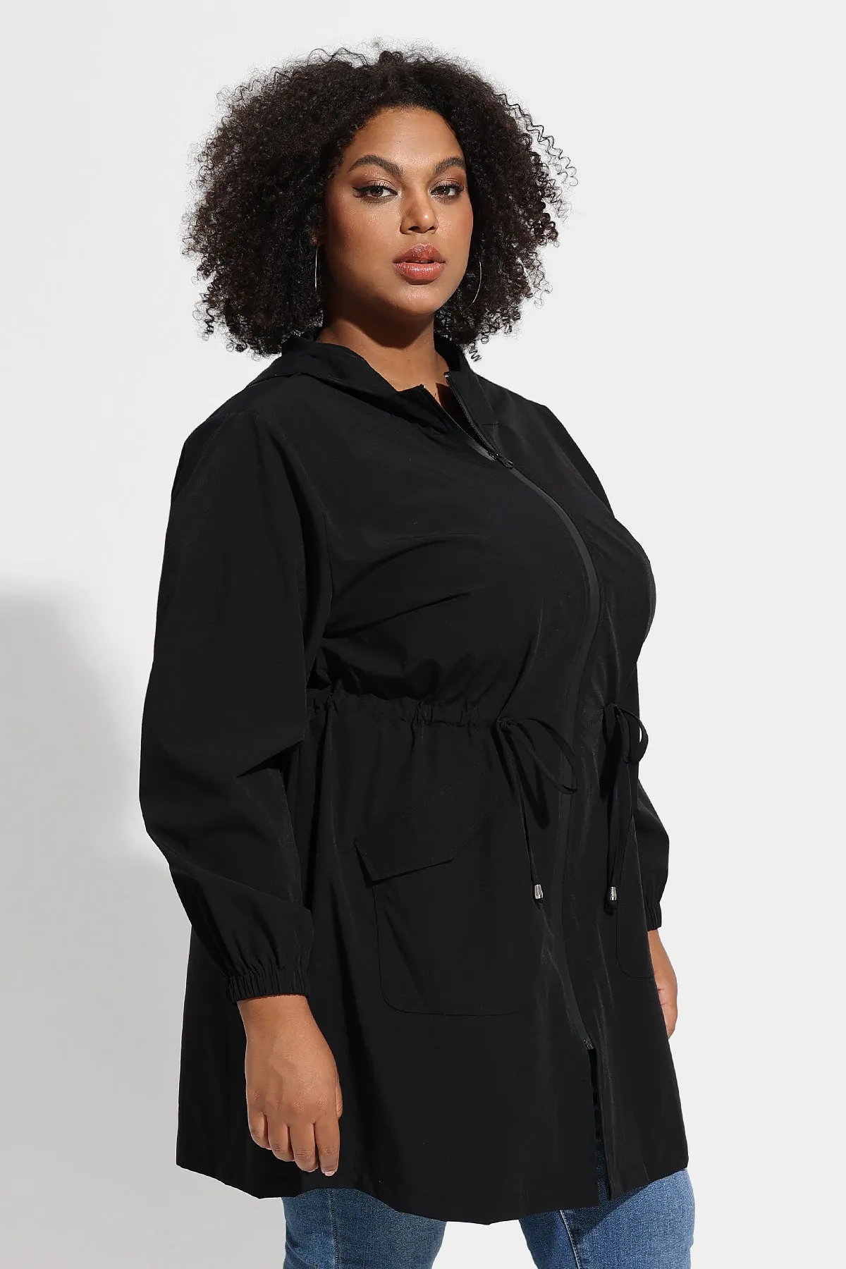 Drawstring Elastic Waist Hooded Coat with Pockets