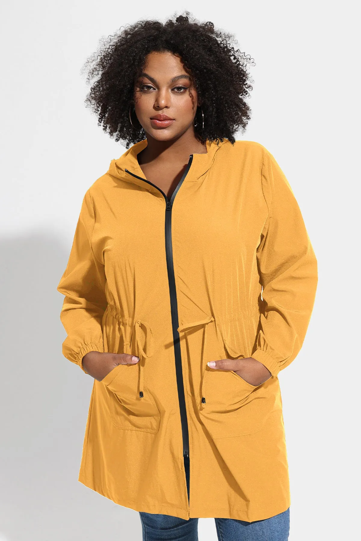 Drawstring Elastic Waist Hooded Coat with Pockets