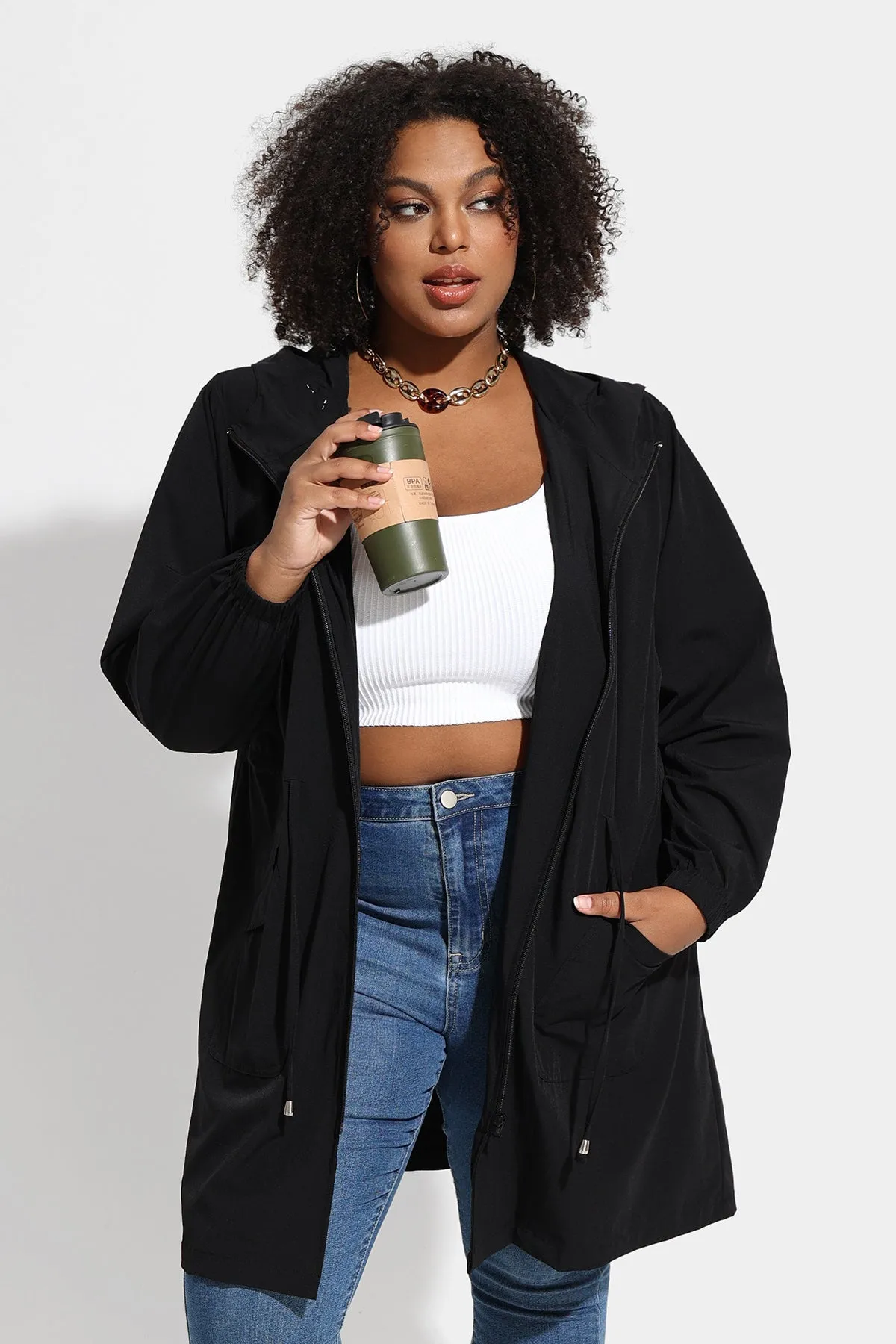 Drawstring Elastic Waist Hooded Coat with Pockets