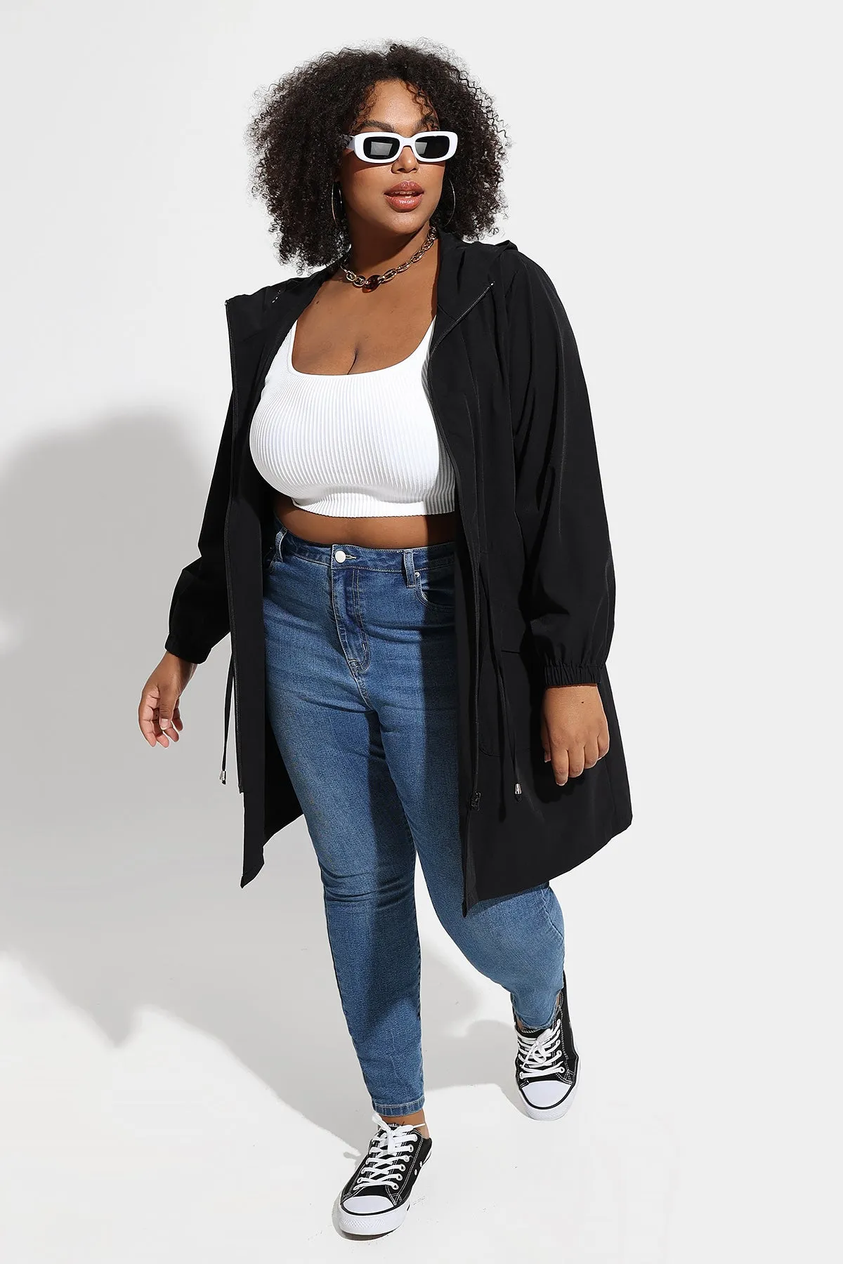 Drawstring Elastic Waist Hooded Coat with Pockets
