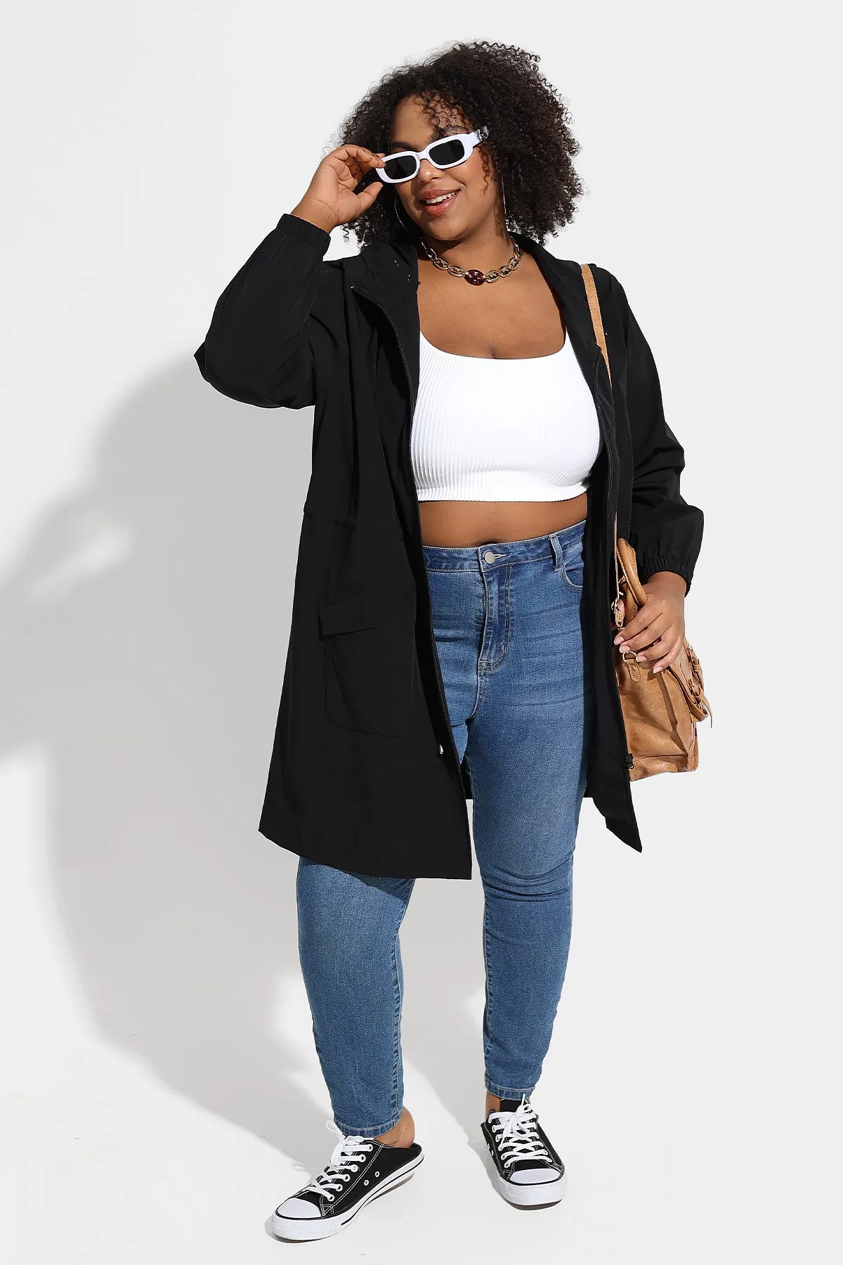 Drawstring Elastic Waist Hooded Coat with Pockets