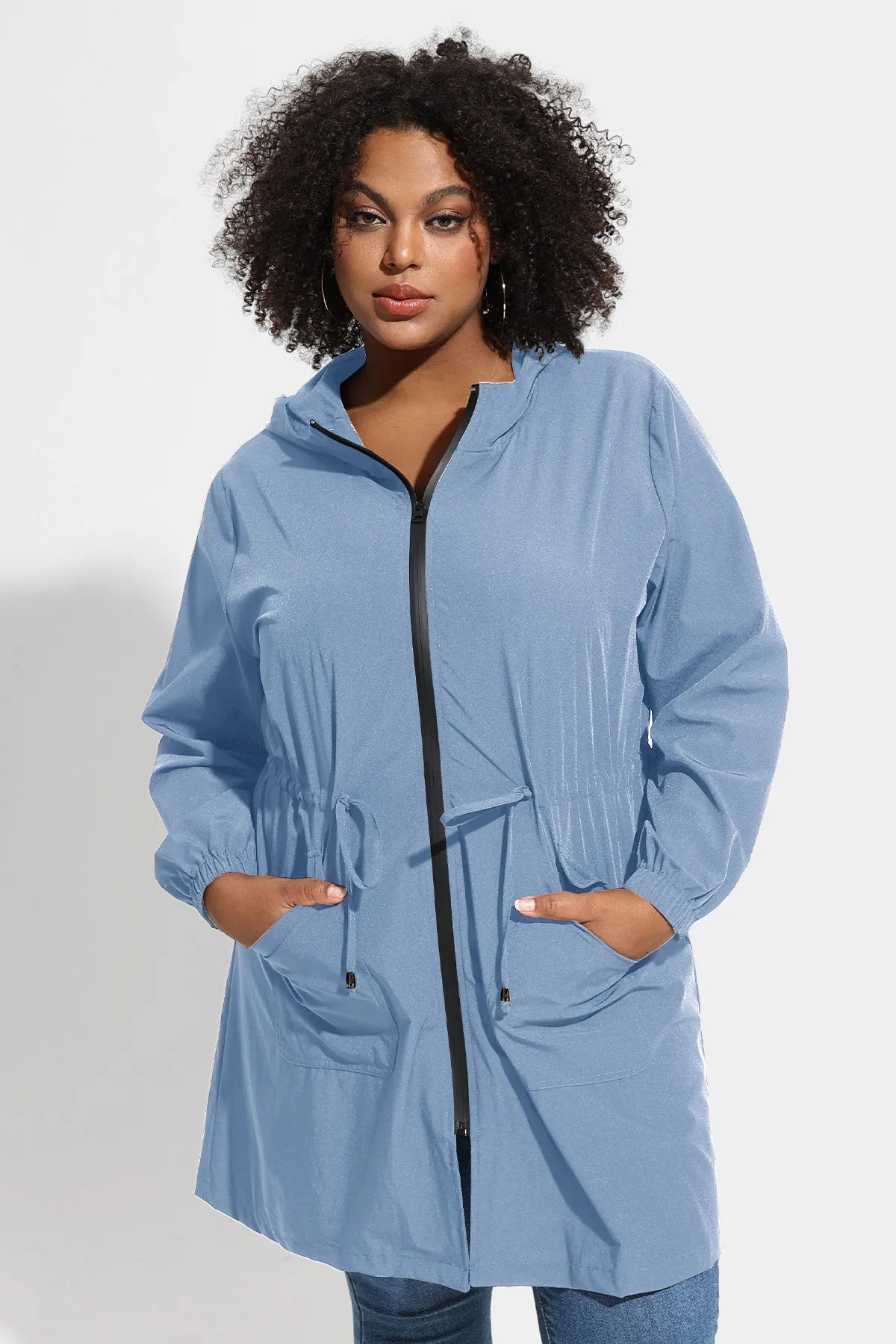 Drawstring Elastic Waist Hooded Coat with Pockets