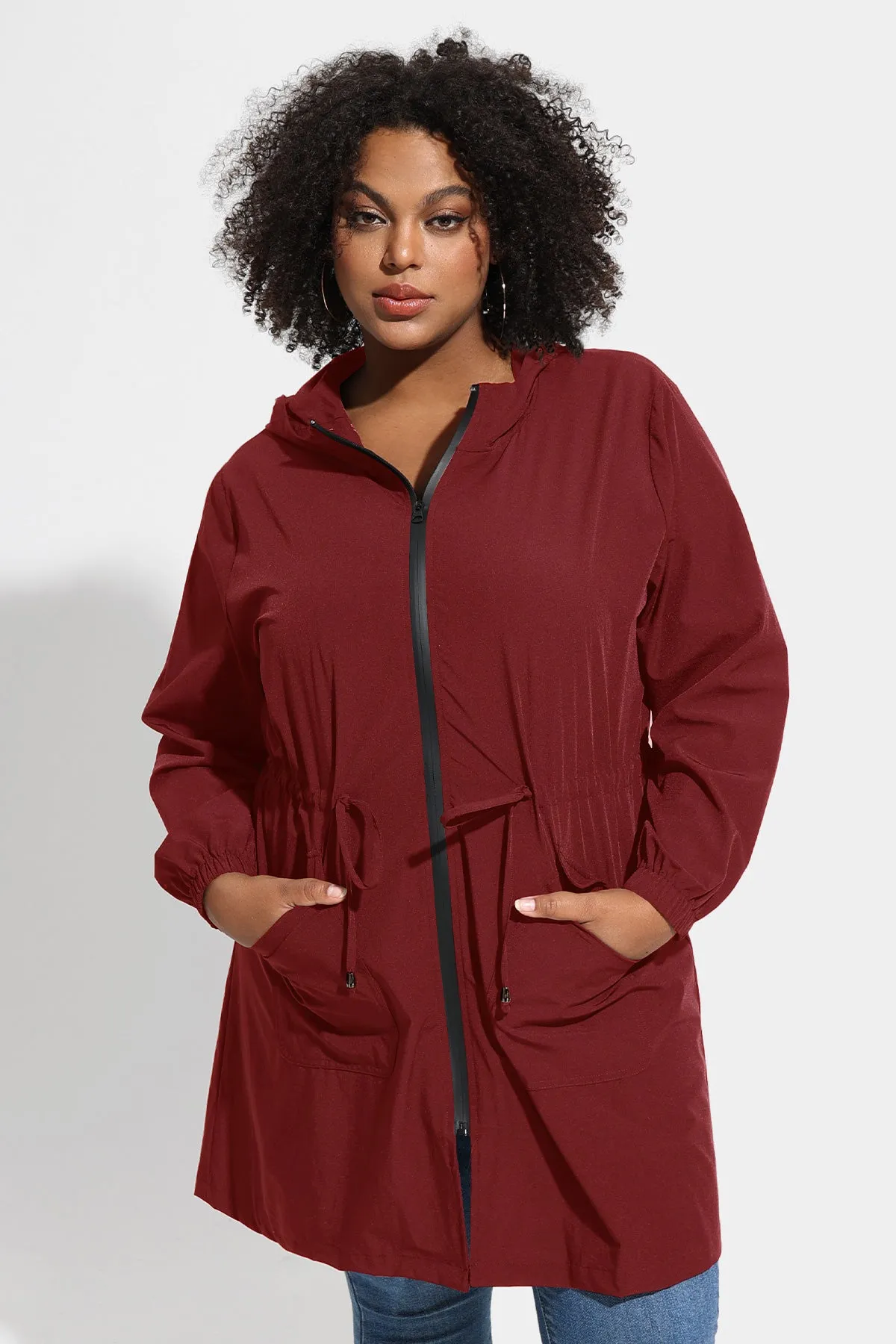 Drawstring Elastic Waist Hooded Coat with Pockets