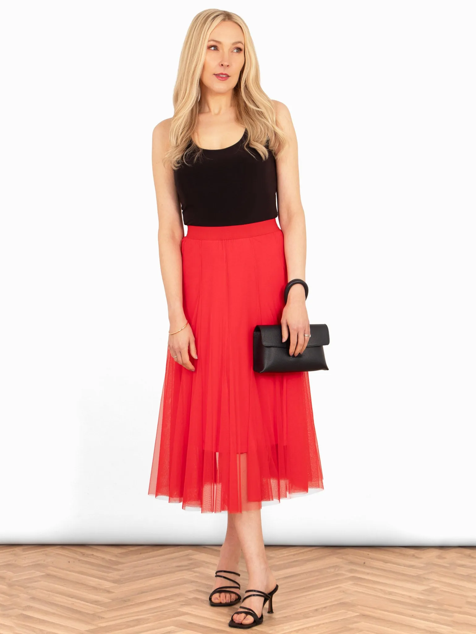 Eden Tulle Midaxi Swing Skirt- Red