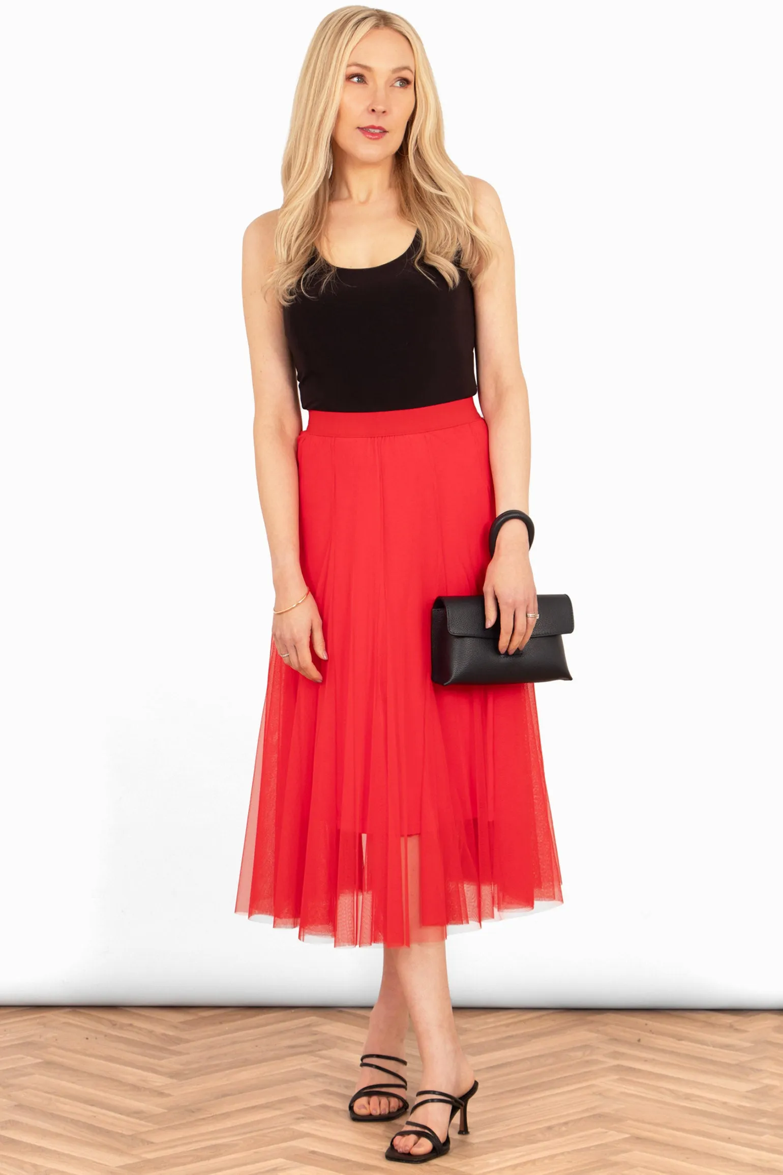 Eden Tulle Midaxi Swing Skirt- Red