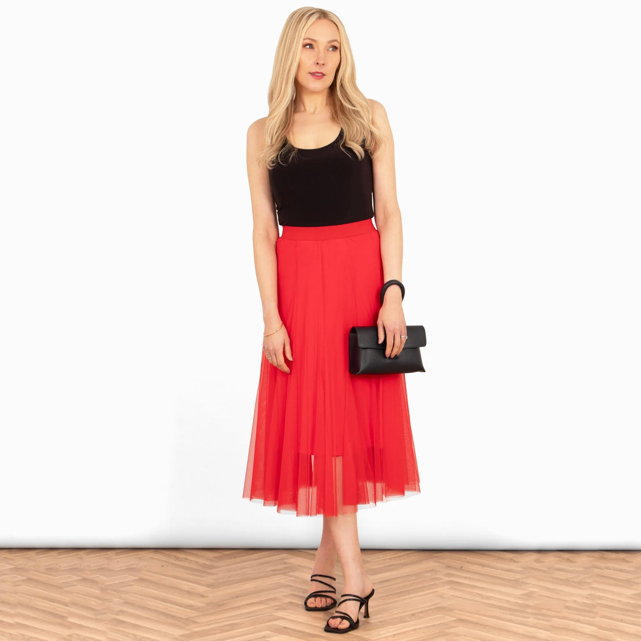 Eden Tulle Midaxi Swing Skirt- Red