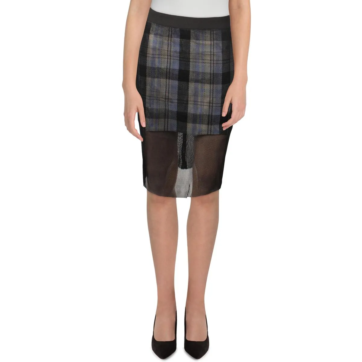 English Factory Womens Mesh Plaid Pencil Skirt