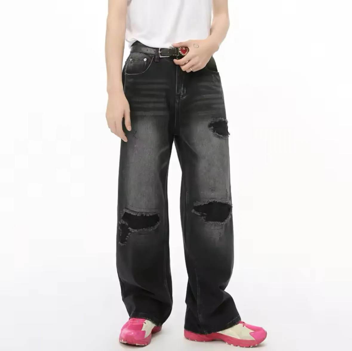 Faded & Distressed Black Wide Leg Jeans