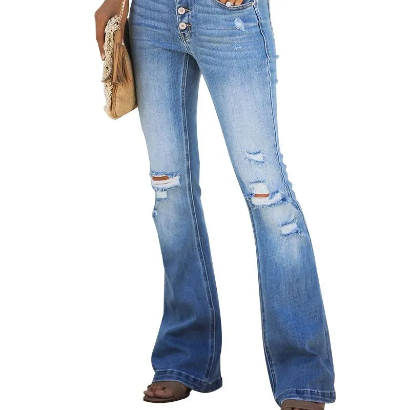 FashionSierra - Women's knee ripped mid rise flare jeans button fly bell bottom jeans