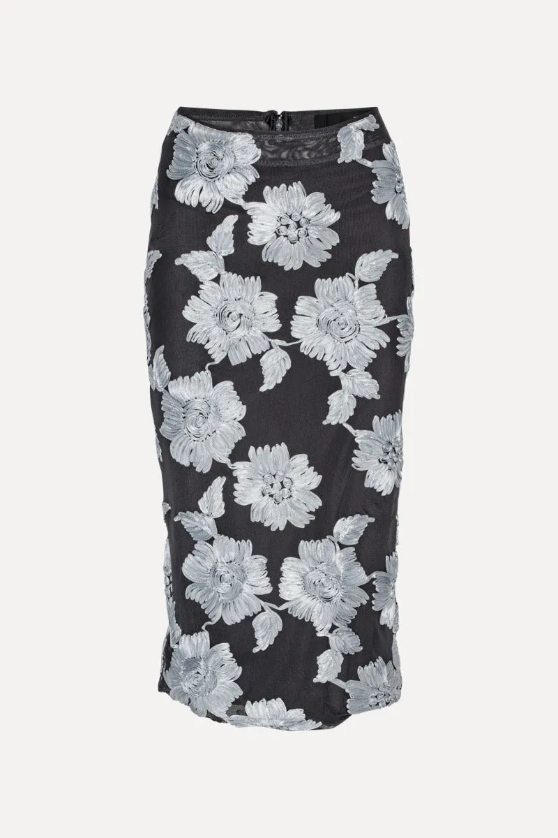 Flower Mesh Pencil Skirt Gray Pinstripe