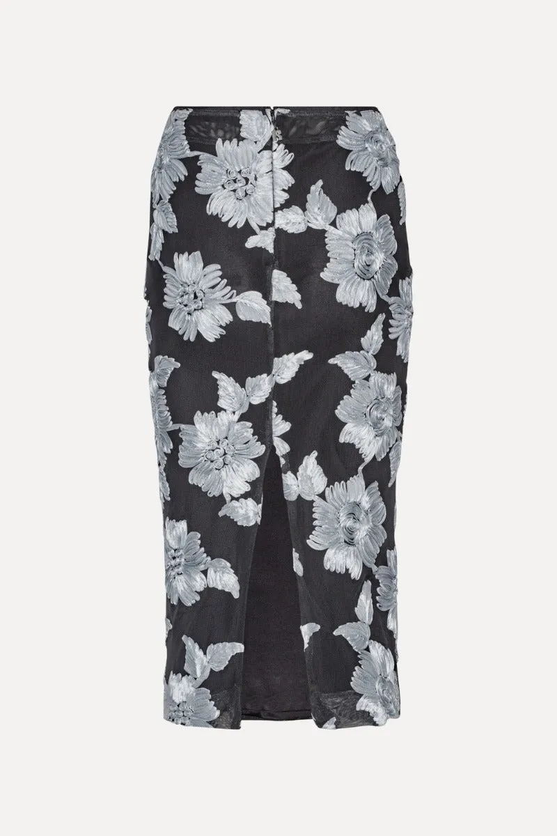 Flower Mesh Pencil Skirt Gray Pinstripe