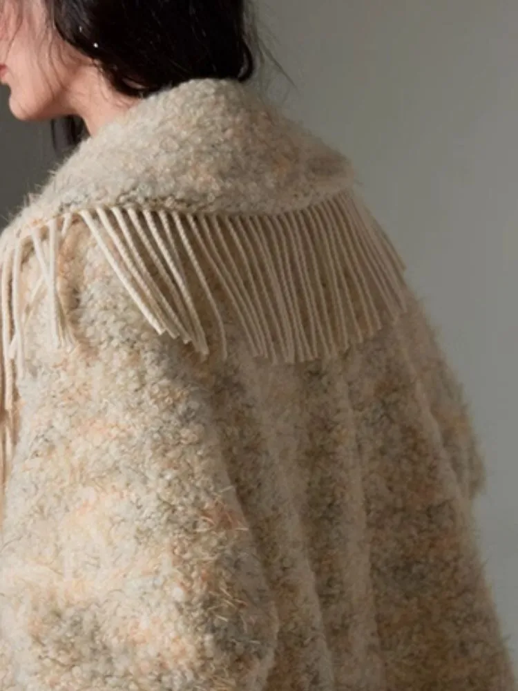 Fringe collar silhouette cashmere tweed coat【s0000004875】