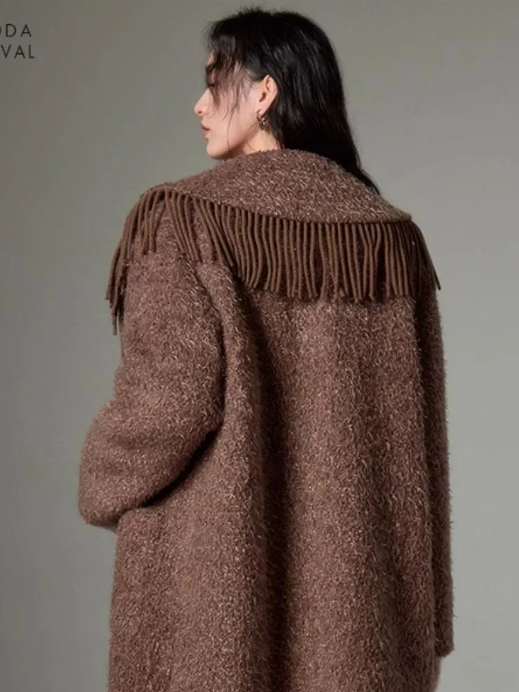 Fringe collar silhouette cashmere tweed coat【s0000004875】