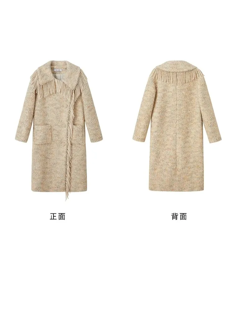 Fringe collar silhouette cashmere tweed coat【s0000004875】