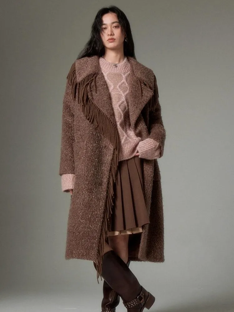 Fringe collar silhouette cashmere tweed coat【s0000004875】