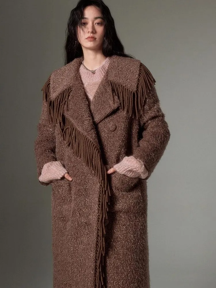 Fringe collar silhouette cashmere tweed coat【s0000004875】