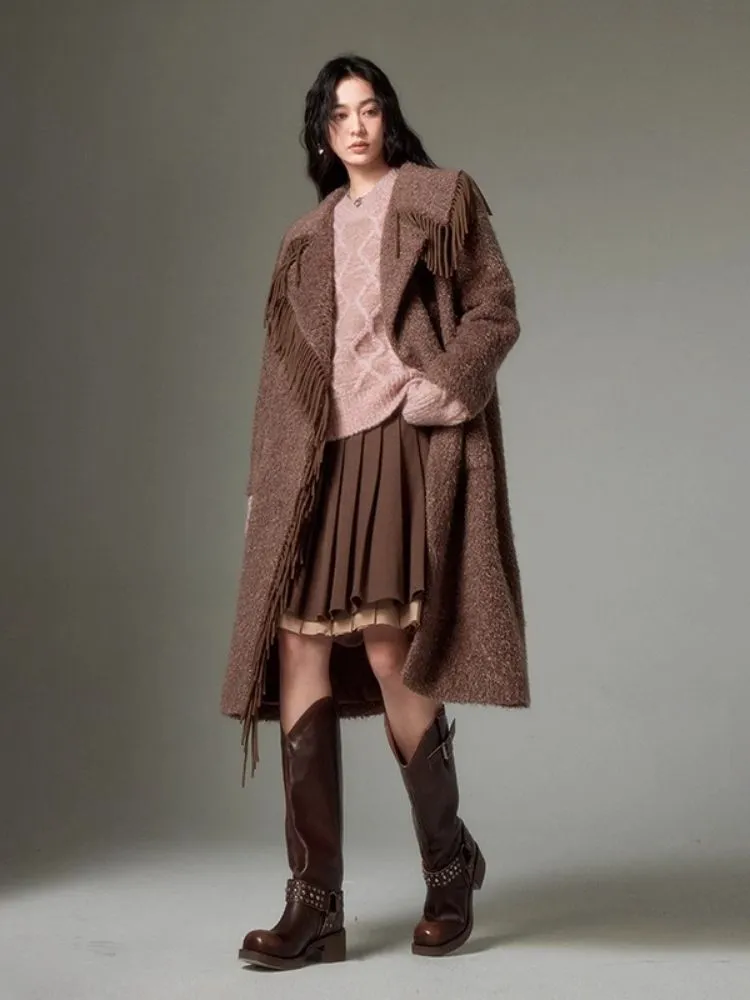Fringe collar silhouette cashmere tweed coat【s0000004875】