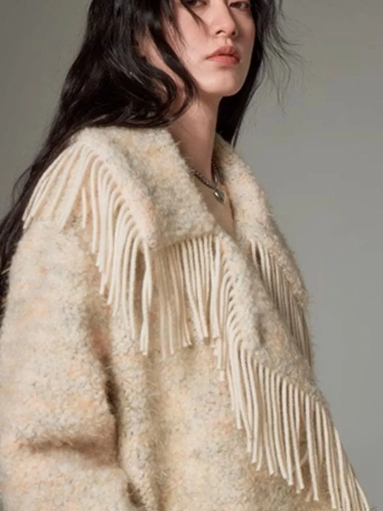 Fringe collar silhouette cashmere tweed coat【s0000004875】