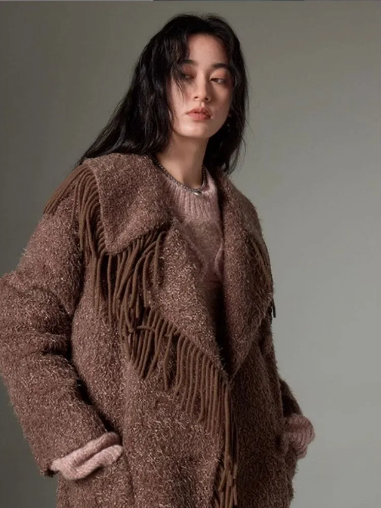 Fringe collar silhouette cashmere tweed coat【s0000004875】