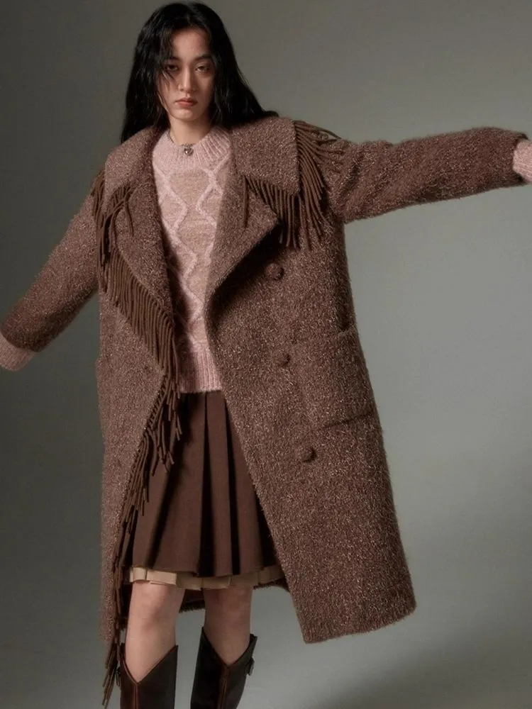 Fringe collar silhouette cashmere tweed coat【s0000004875】