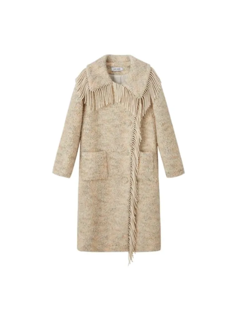 Fringe collar silhouette cashmere tweed coat【s0000004875】