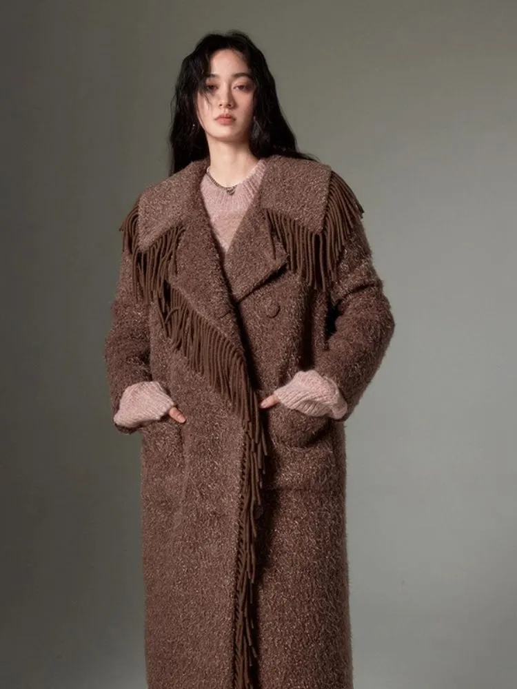 Fringe collar silhouette cashmere tweed coat【s0000004875】