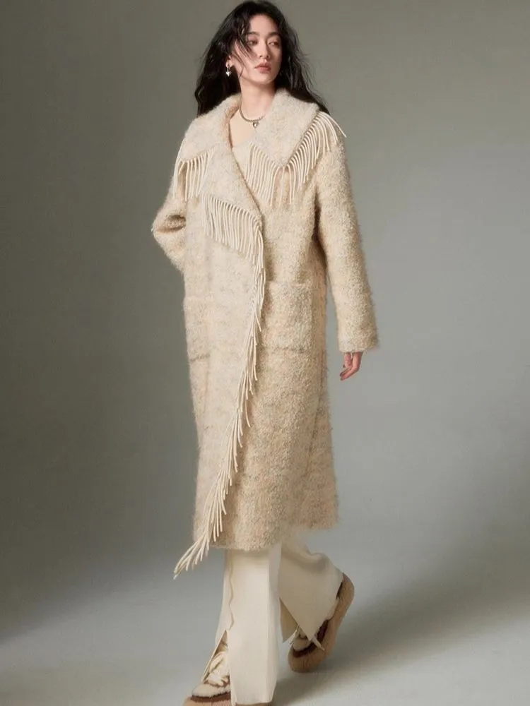Fringe collar silhouette cashmere tweed coat【s0000004875】
