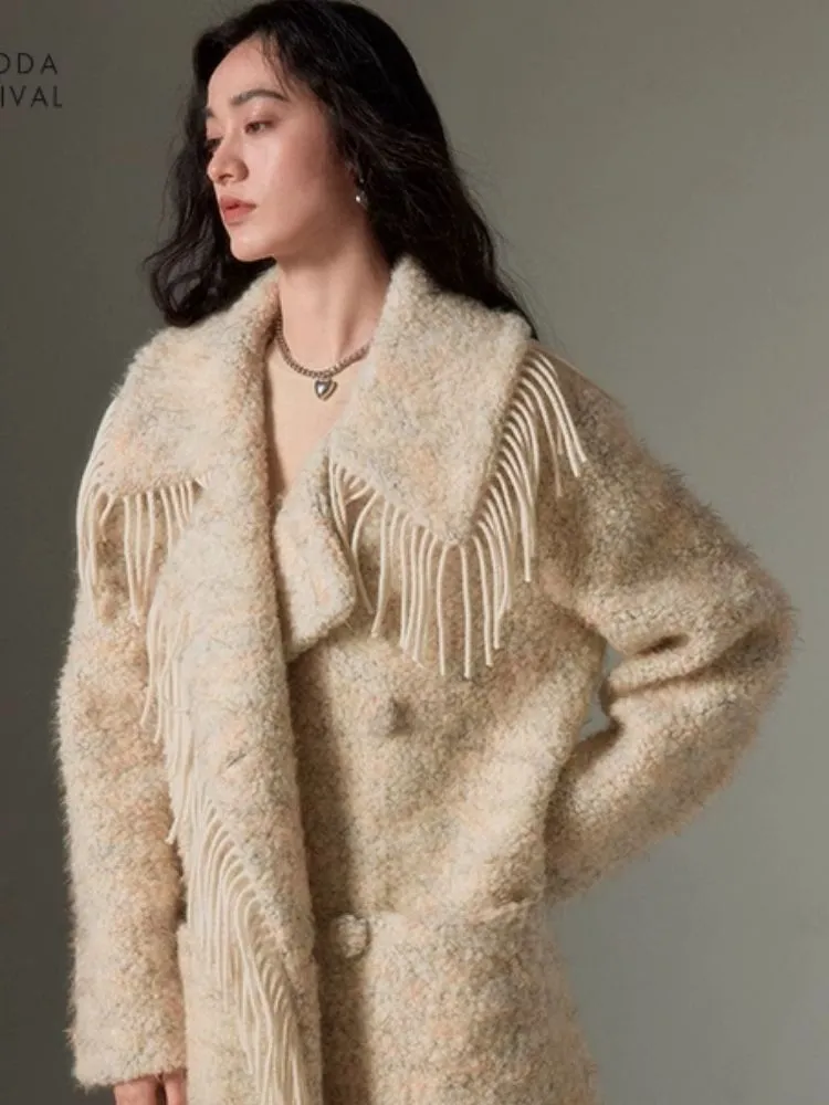 Fringe collar silhouette cashmere tweed coat【s0000004875】