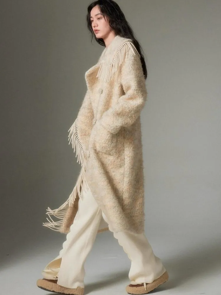 Fringe collar silhouette cashmere tweed coat【s0000004875】