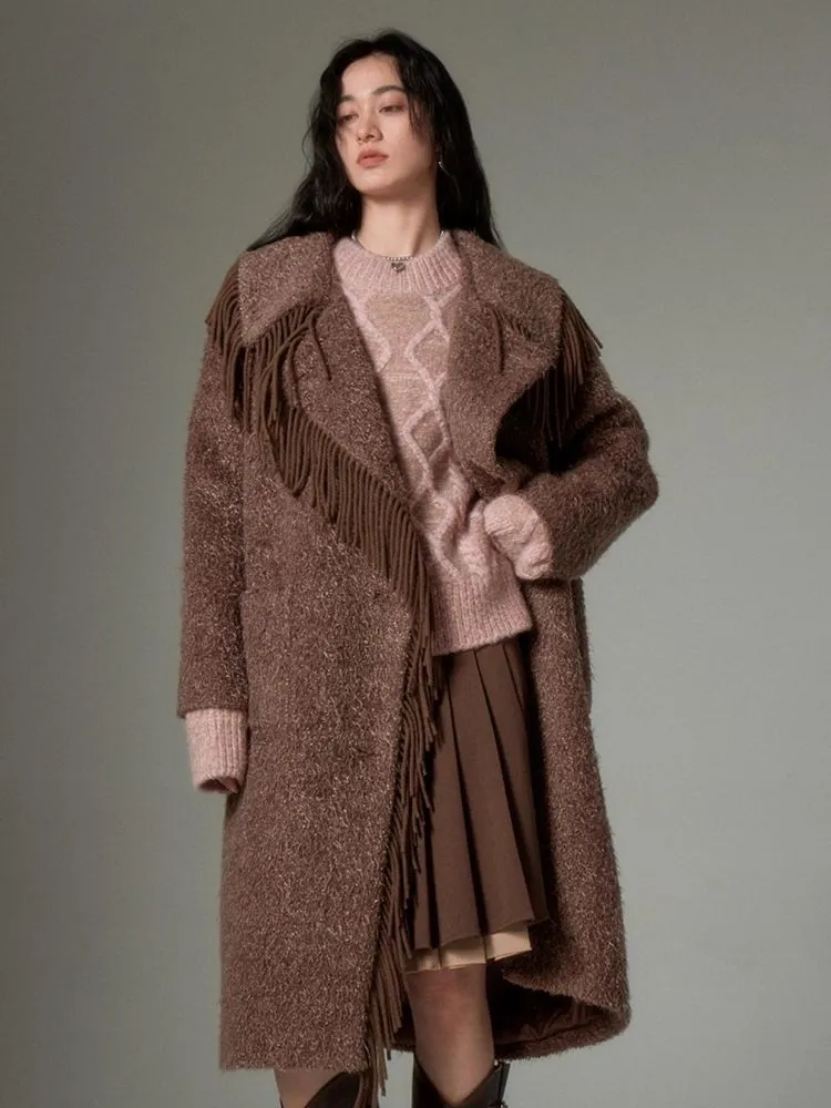 Fringe collar silhouette cashmere tweed coat【s0000004875】