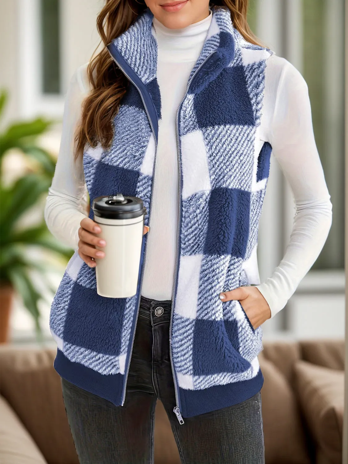 Full Size Pocketed Plaid Vest Coat