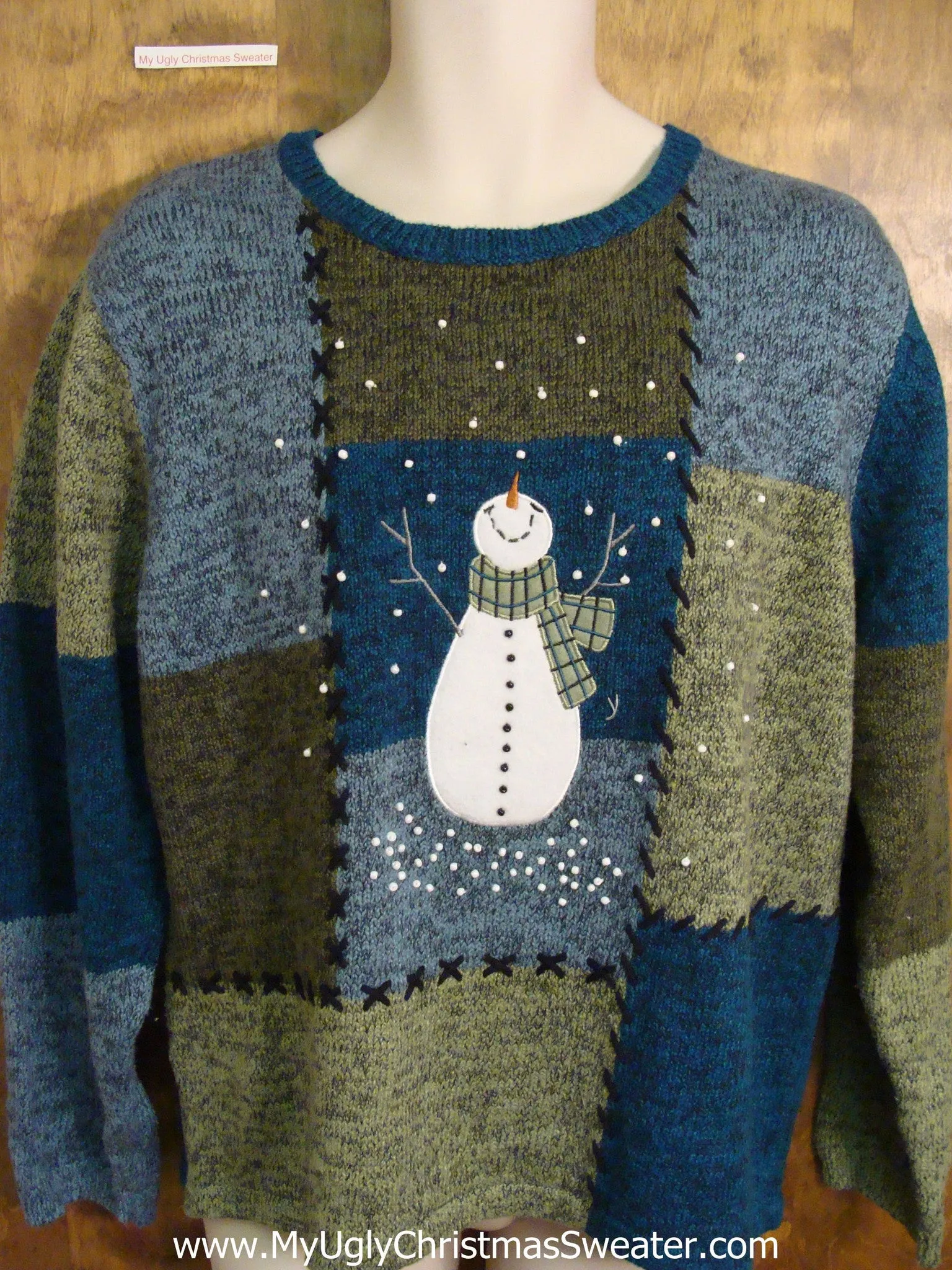 Funny Patchwork Christmas Sweater with Snowman