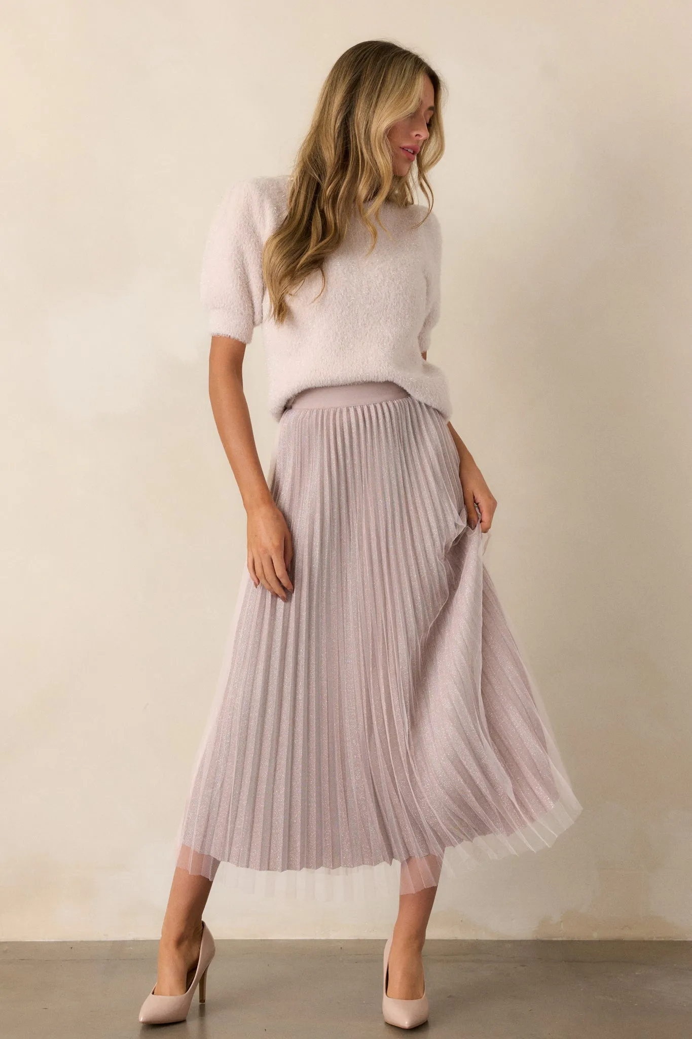 Glittering Dreams Light Mauve Short Sleeve Sweater
