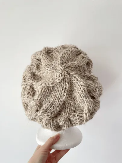 Handknit Cable Slouchy Beanie | Knit alpaca blend Beret | Slouchy Hat in biege mix colour| Knit beanie fluffy cozy winter hat