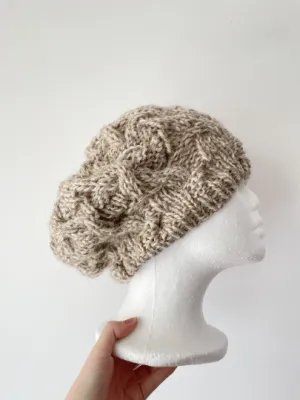 Handknit Cable Slouchy Beanie | Knit alpaca blend Beret | Slouchy Hat in biege mix colour| Knit beanie fluffy cozy winter hat