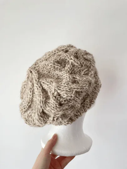 Handknit Cable Slouchy Beanie | Knit alpaca blend Beret | Slouchy Hat in biege mix colour| Knit beanie fluffy cozy winter hat