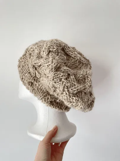 Handknit Cable Slouchy Beanie | Knit alpaca blend Beret | Slouchy Hat in biege mix colour| Knit beanie fluffy cozy winter hat