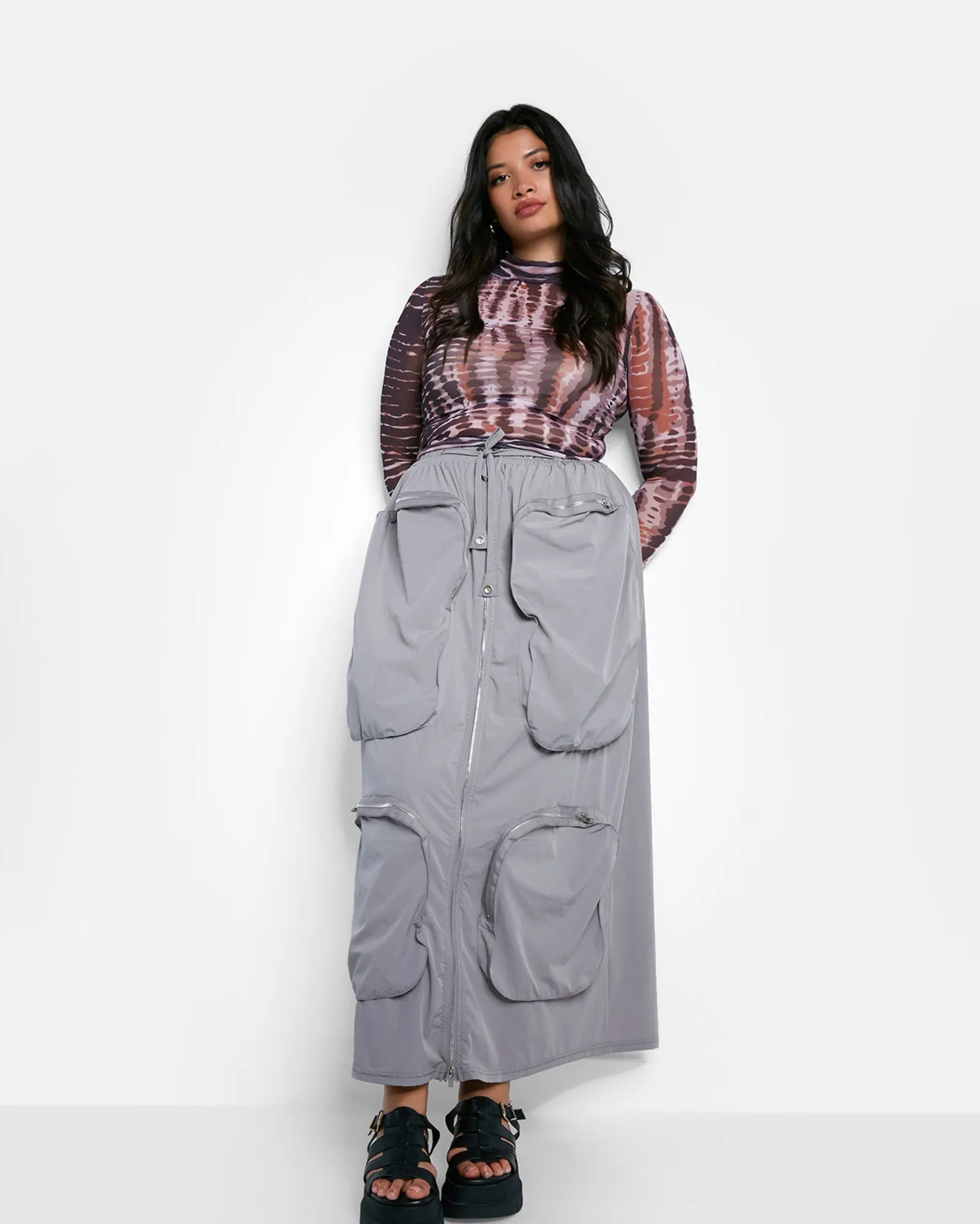 Harley Nylon Cargo Maxi A Line Skirt - Light Gray | Gray