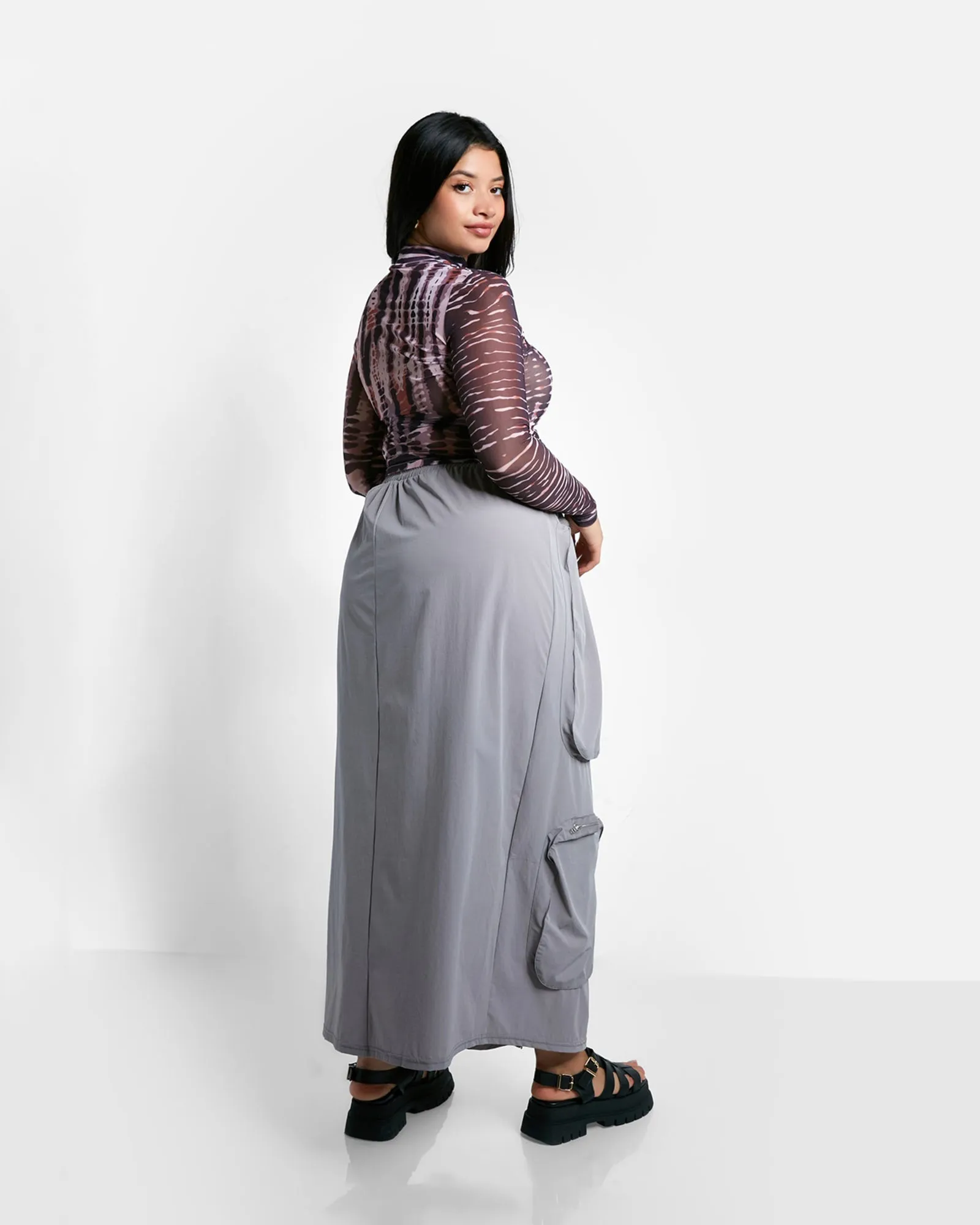 Harley Nylon Cargo Maxi A Line Skirt - Light Gray | Gray