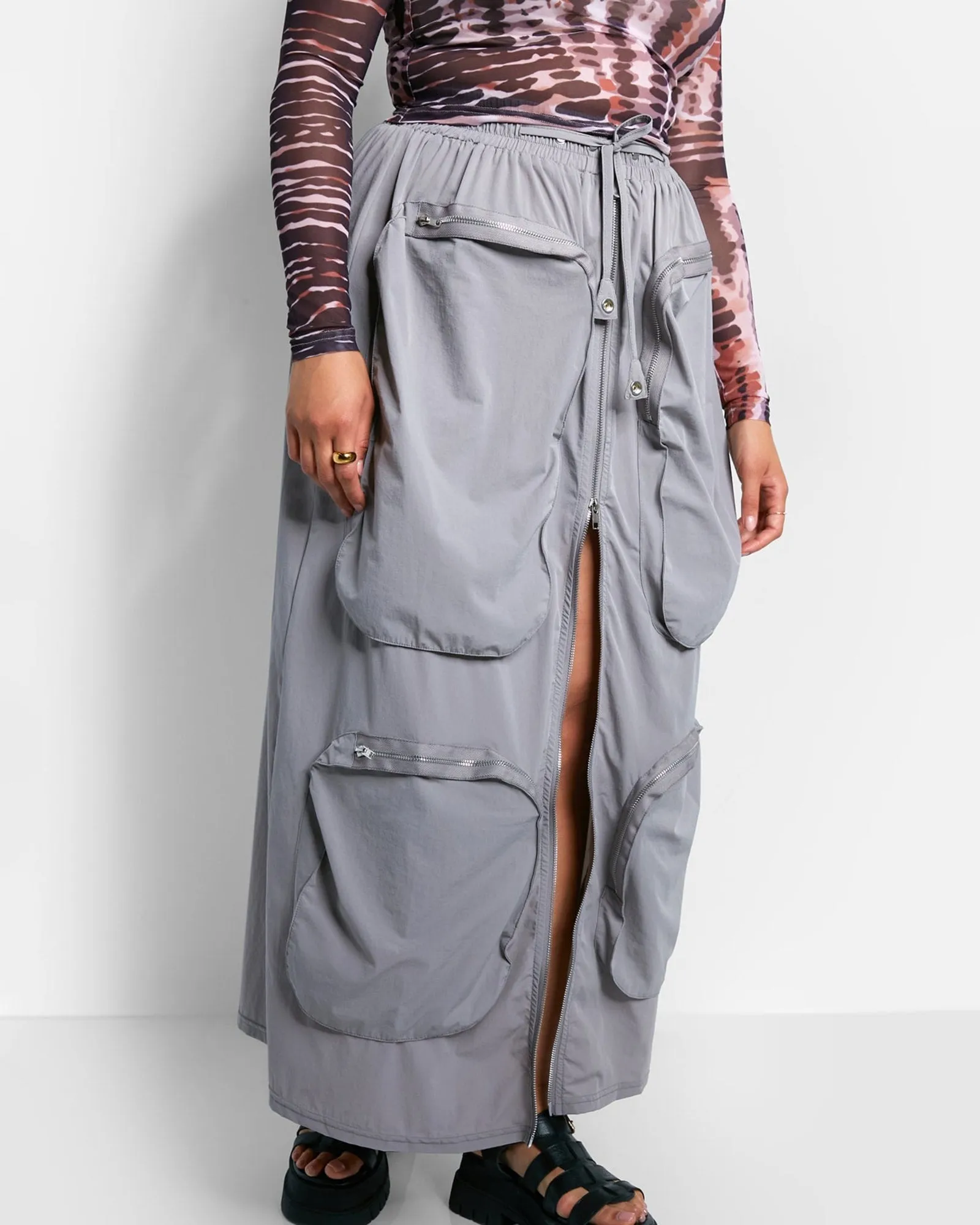 Harley Nylon Cargo Maxi A Line Skirt - Light Gray | Gray
