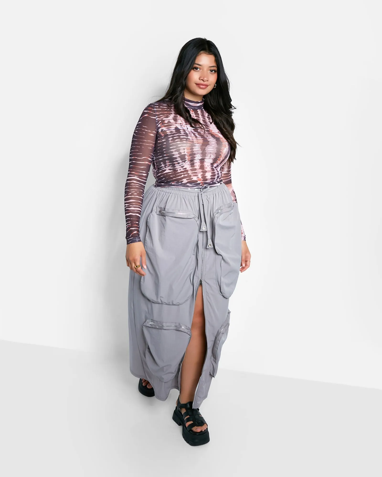 Harley Nylon Cargo Maxi A Line Skirt - Light Gray | Gray