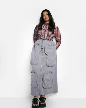 Harley Nylon Cargo Maxi A Line Skirt - Light Gray | Gray