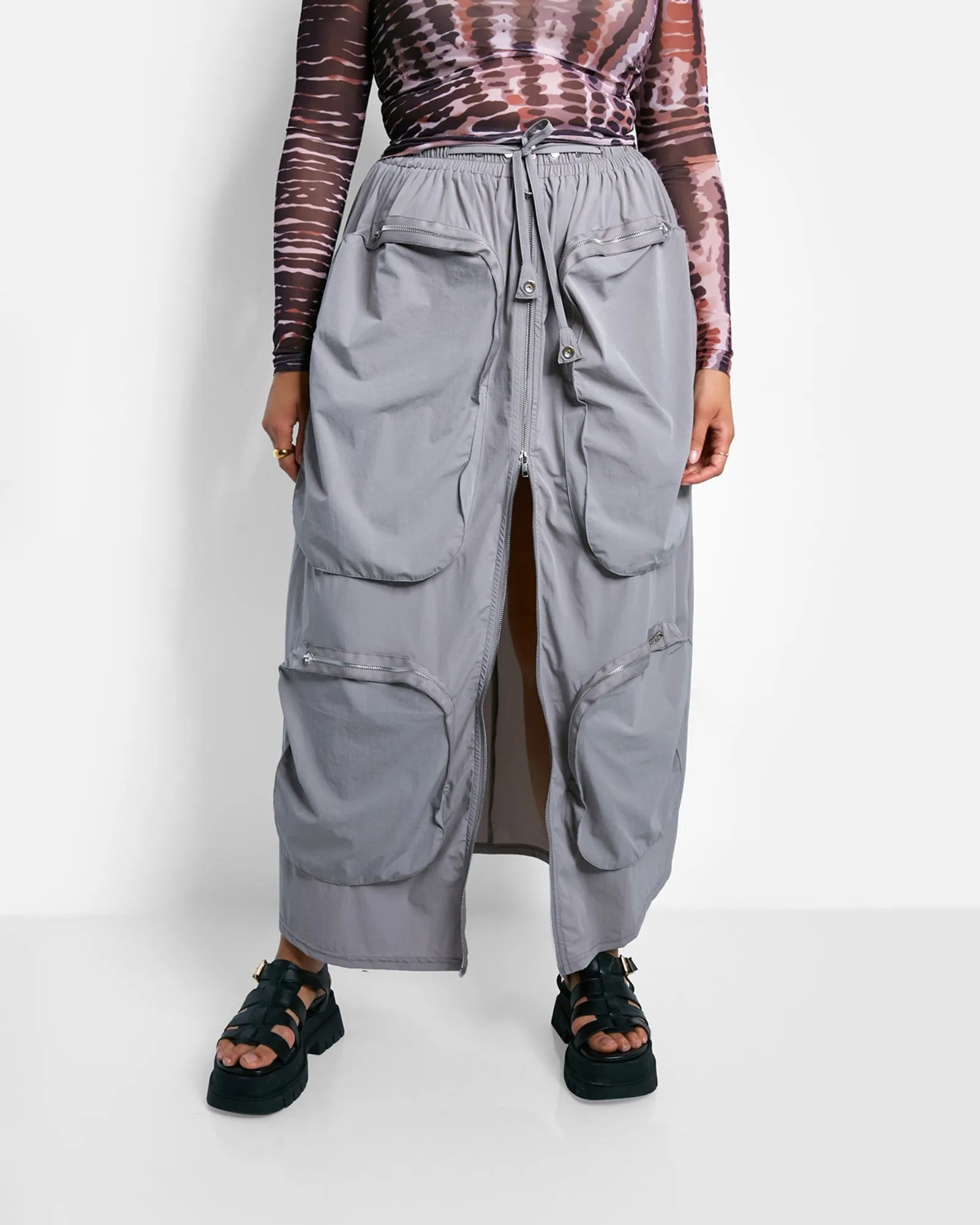 Harley Nylon Cargo Maxi A Line Skirt - Light Gray | Gray