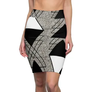 High Waist Womens Pencil Skirt - Contour Stretch - Black and White Triangular Colorblock