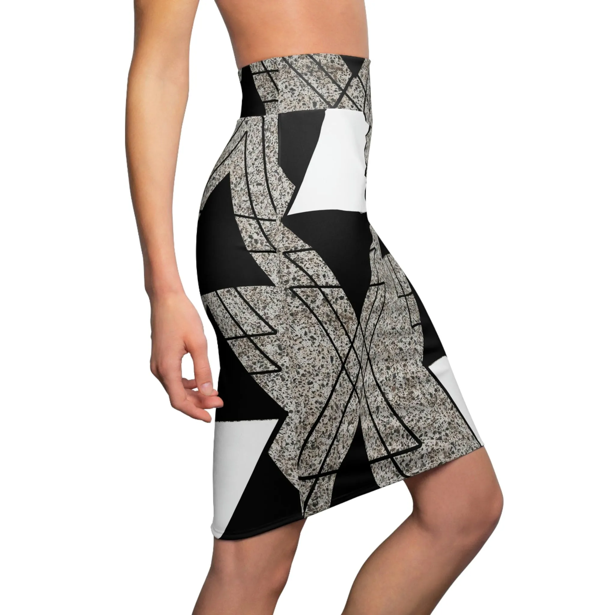 High Waist Womens Pencil Skirt - Contour Stretch - Black and White Triangular Colorblock