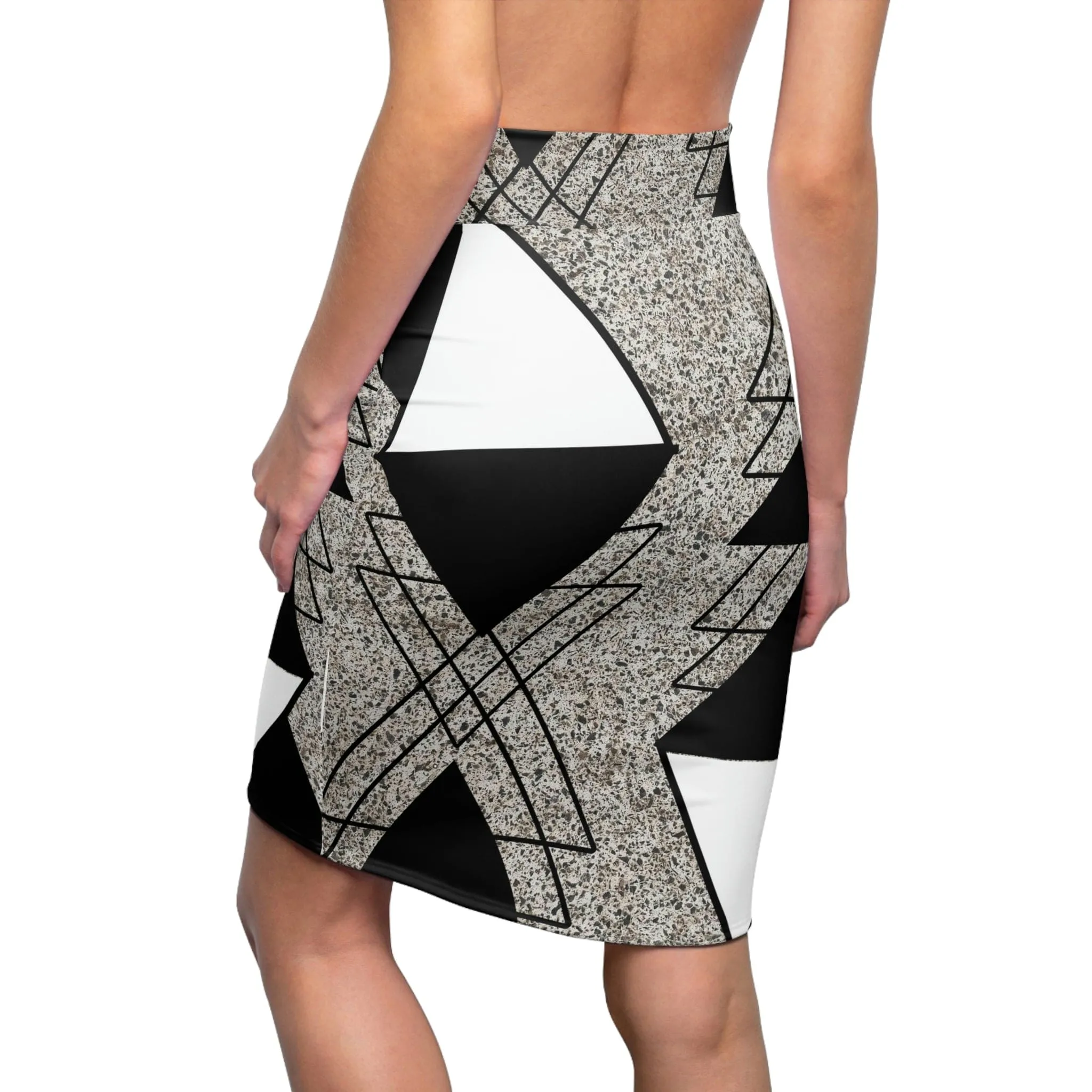 High Waist Womens Pencil Skirt - Contour Stretch - Black and White Triangular Colorblock