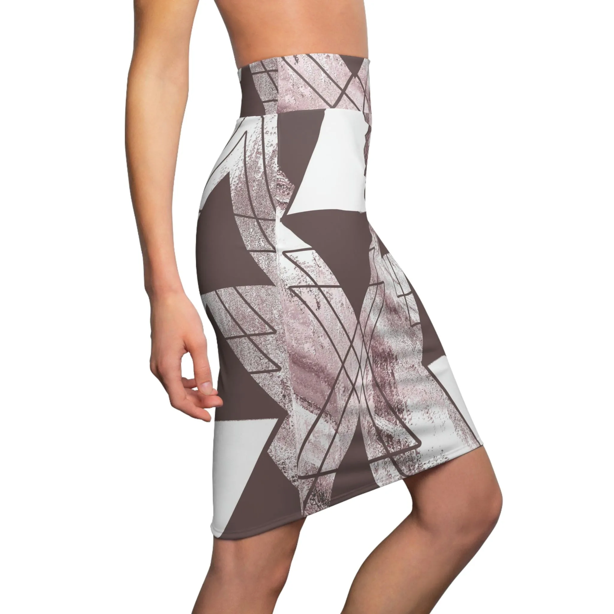 High Waist Womens Pencil Skirt - Contour Stretch - Mauve Rose and White Triangular Colorblock