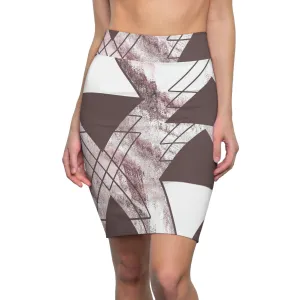 High Waist Womens Pencil Skirt - Contour Stretch - Mauve Rose and White Triangular Colorblock